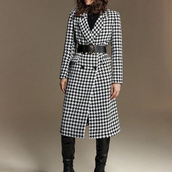 Black And White Elegant Women's Cinched Waist Houndstooth Jacket - Picture 7 of 8